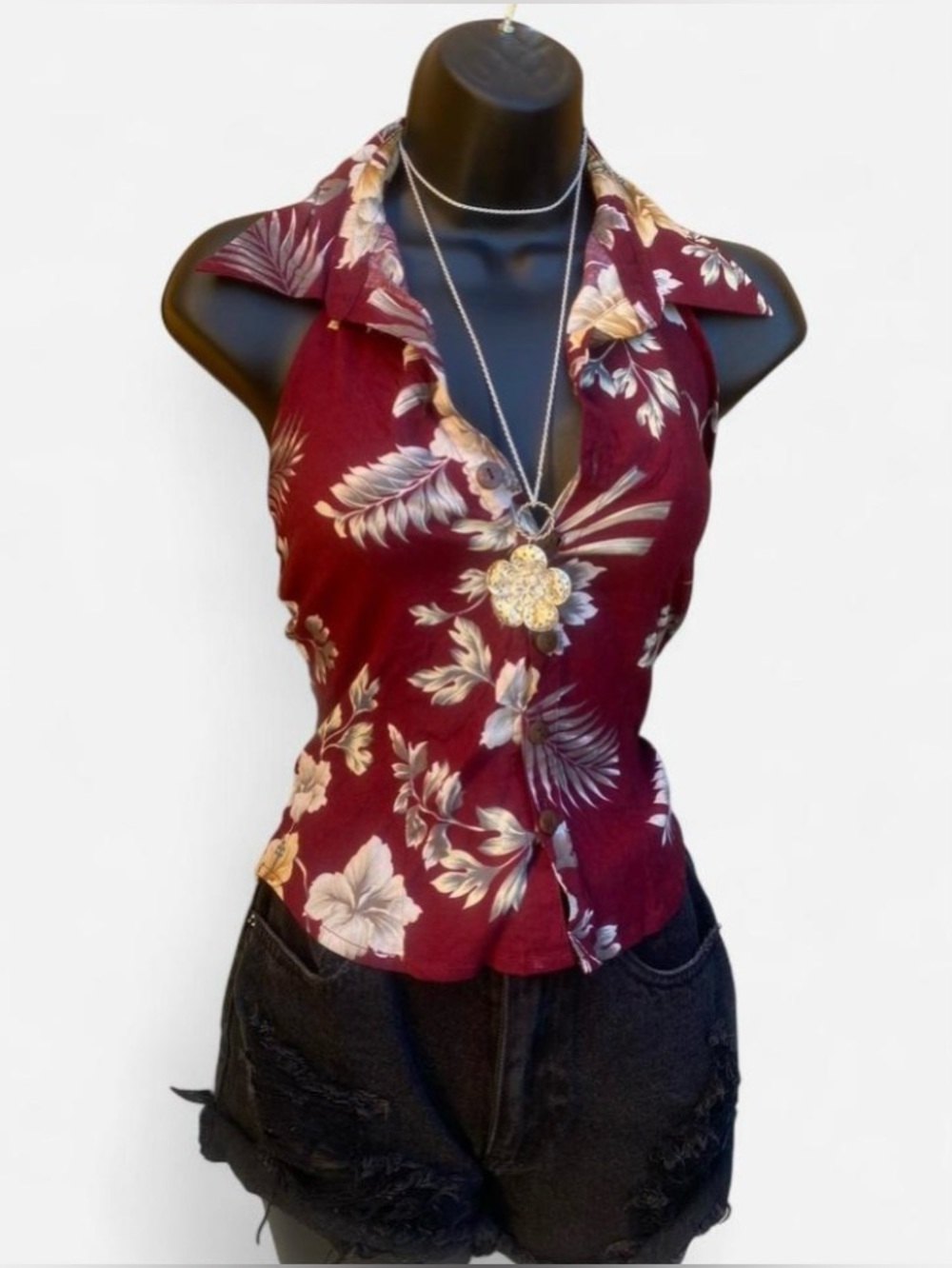 Vintage Y2K Red Floral Hawaiian Print Button Up Halter Top